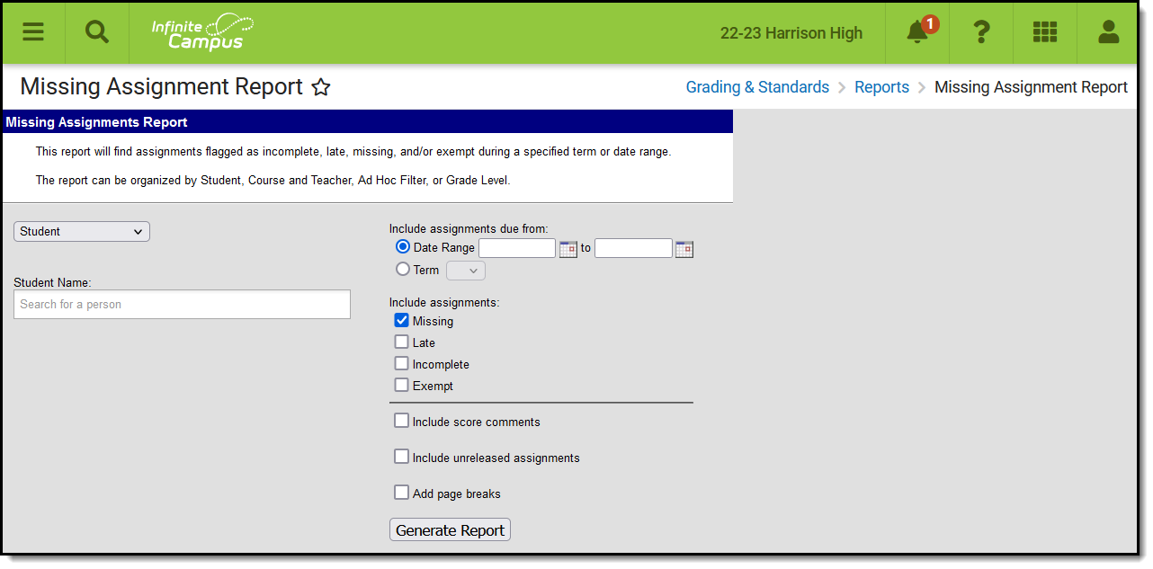 Screenshot of the Missing Assignment report editor. 