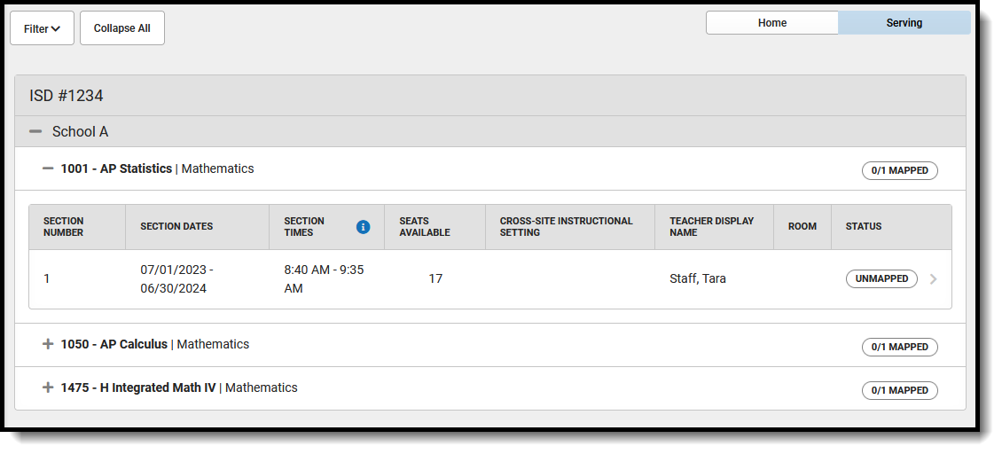 Screenshot of the Serving School View in the Cross-Site Enrollment Tool.
