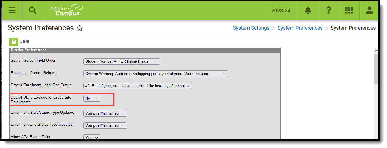 Screenshot of the Default State Exclude for Cross-Site Enrollment System Preference