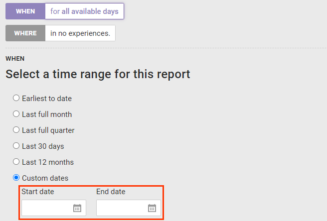 Callout of the 'Start date' and 'End date' fields that appear below the selected 'Custom dates' option of the WHEN settings for a Purchase Detail Report on the Create Report page