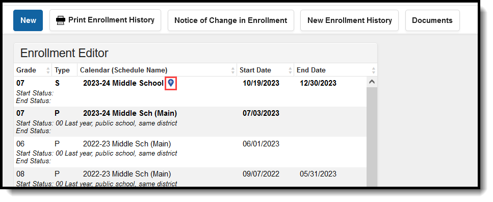 Screenshot of the student's Enrollment record highlighting the blue symbol with a cross next to the record.