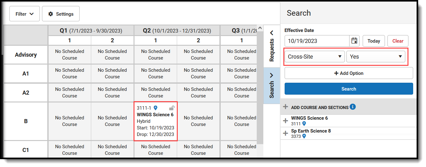 Screenshot of the Walk-In Scheduler tool showing the Search Panel returning only Cross-Site Courses