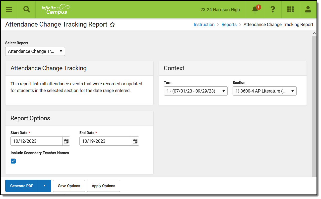 Screenshot of the Attendance Change Tracking report editor. 