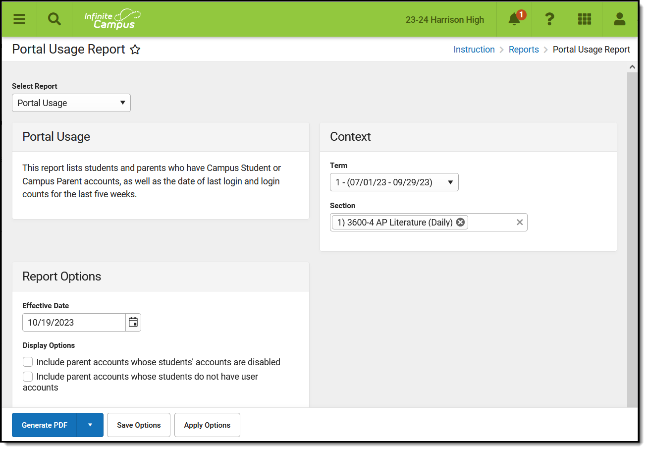 Screenshot of the Portal Usage report editor. 