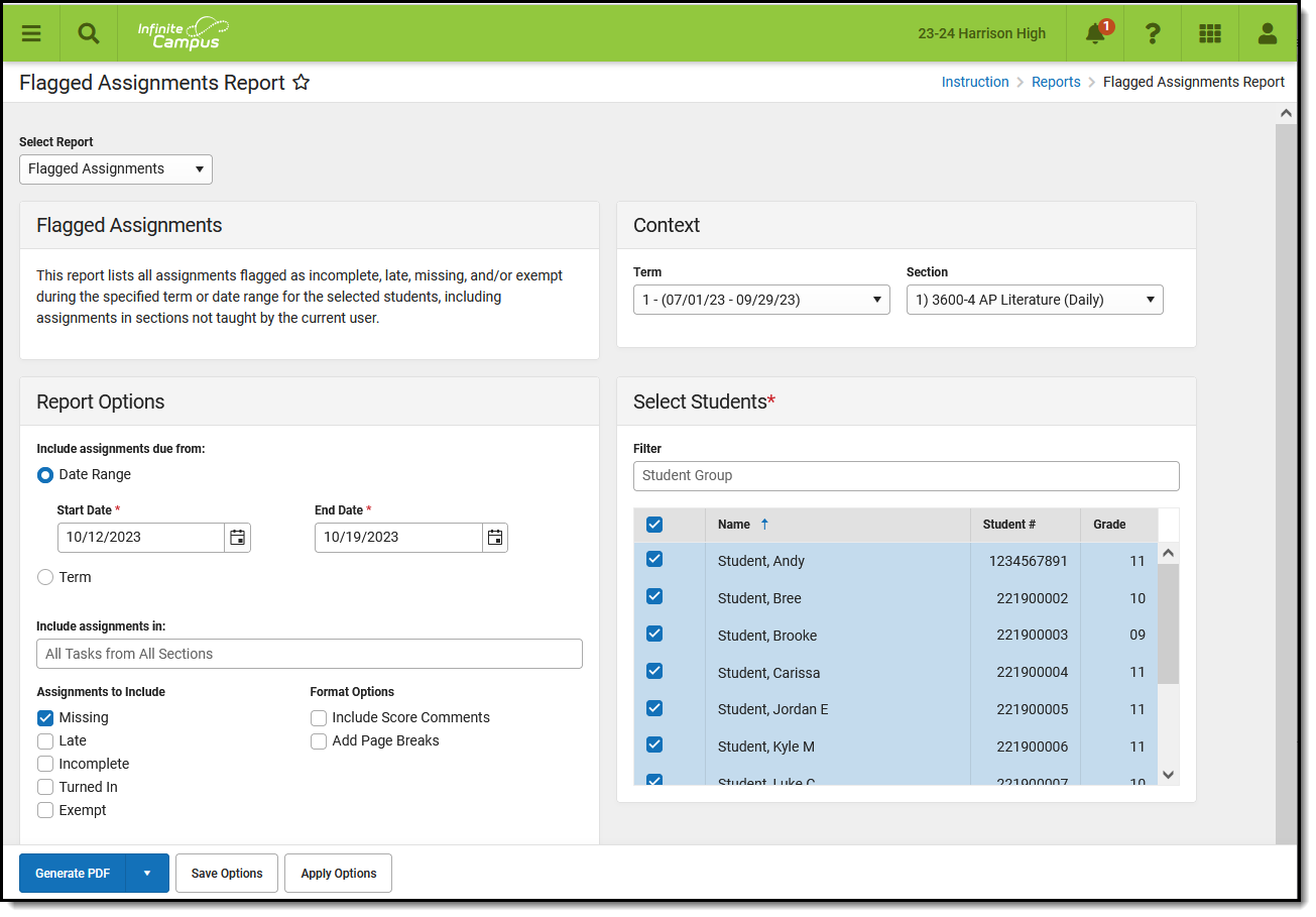 Screenshot of the Flagged Assignment report editor. 