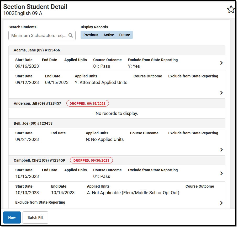 Screenshot of the section student detail screen tool.