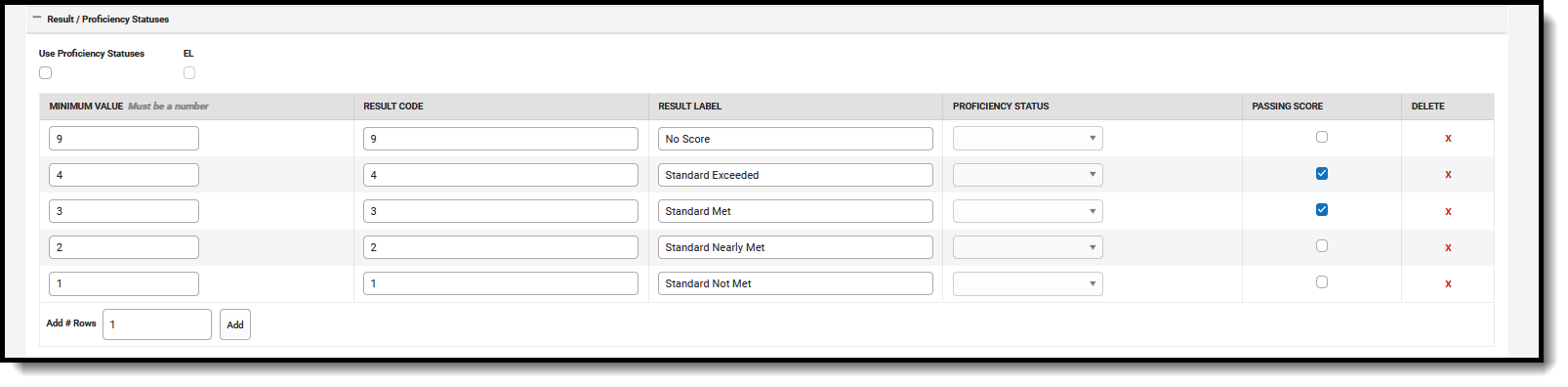 Screenshot of the applicable Result Statuses for the Smarter Balnace for ELA assessment