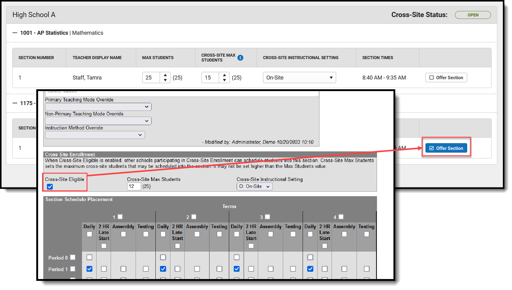 Screenshot of the Offer Section option turned on with the Section Cross-Site Eligible checkbox turned on