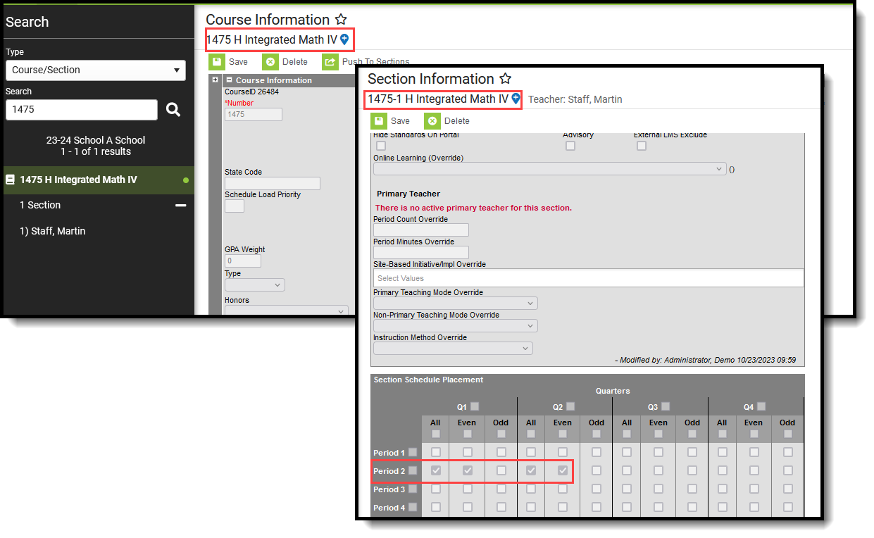 Screenshot of the Cross-Site Course and Section at the Home School showing the Cross-Site Indicator