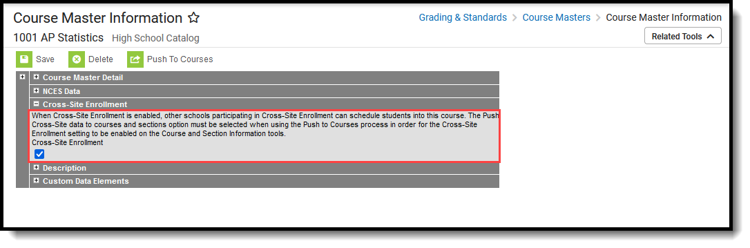 Screenshot of the Course Master Informaiton editor with the Cross-Site Enrollment section highlighted.