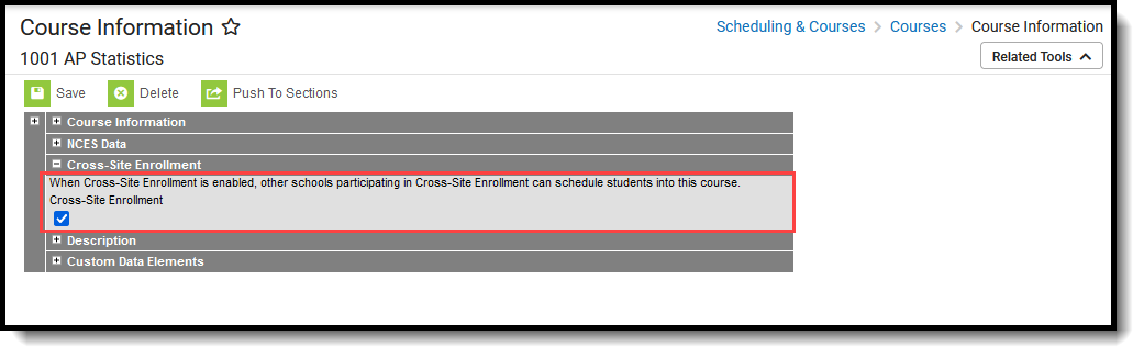 Screenshot of the Course Information editor with Cross-Site Enrollment section highlighted. 
