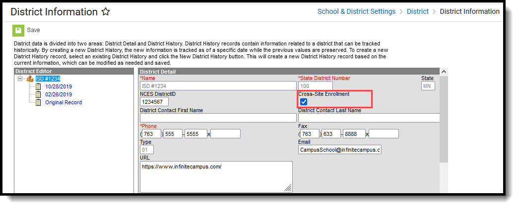 Screeshot of the District Informaiton Editor with the Cross-Site Enrollment checkbox highlighted.
