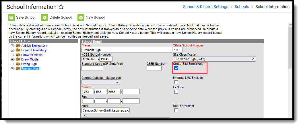 Screenshot of the School Information editor with the Cross-Site Enrollment checkbox marked. 