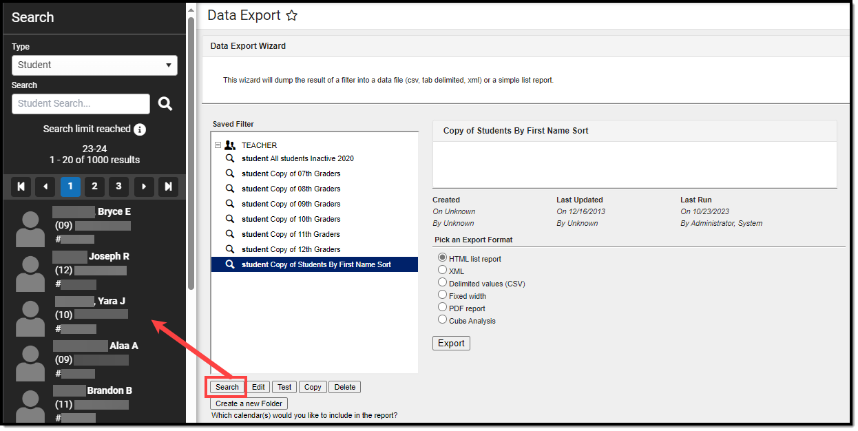 screenshot of selecting the search button within the Data Export tool and how selecting this button shows the students identified by the filter