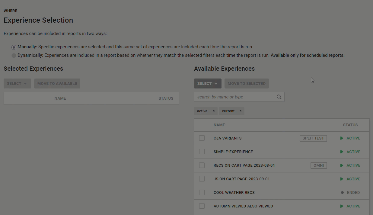 Animated demonstration of a user selecting multiple active experiences from the 'Available Experiences' table and then clicking the 'MOVE TO SELECTED' button. The selected experiences then appear in the 'Selected Experiences' table.