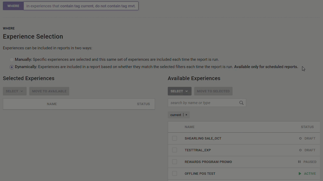 Animated demonstration of a user selecting the 'active' tag from the Available Experiences search field and then typing 'cold' into the search field. The WHERE settings are amended to include 'contain tag active and experiences where the name contains cold.'