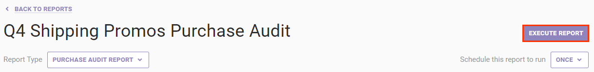 Callout of the EXECUTE REPORT button for a Purchase Audit Report scheduled to run once