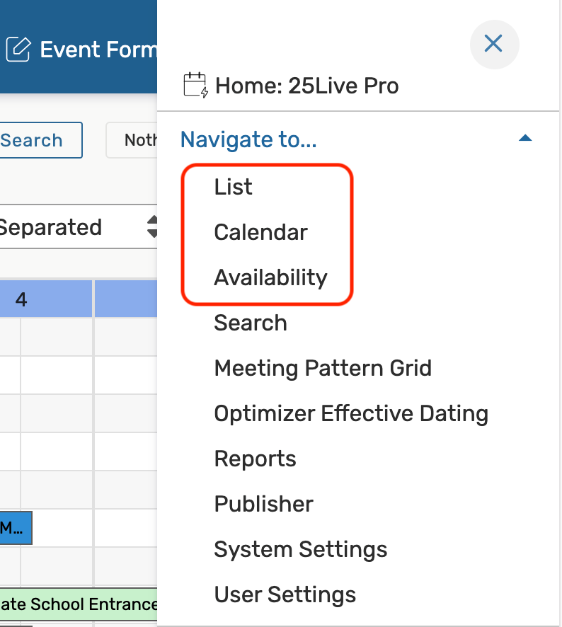 The List, Calendar, and Availability links are in the More menu
