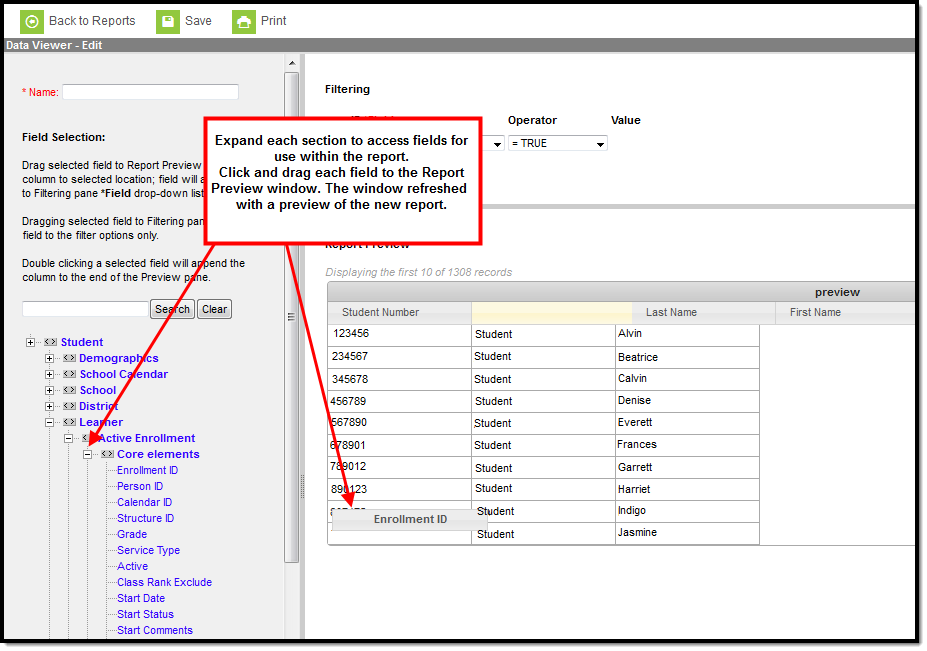 screenshot of a field being dragged from the field selection list to the report preview window