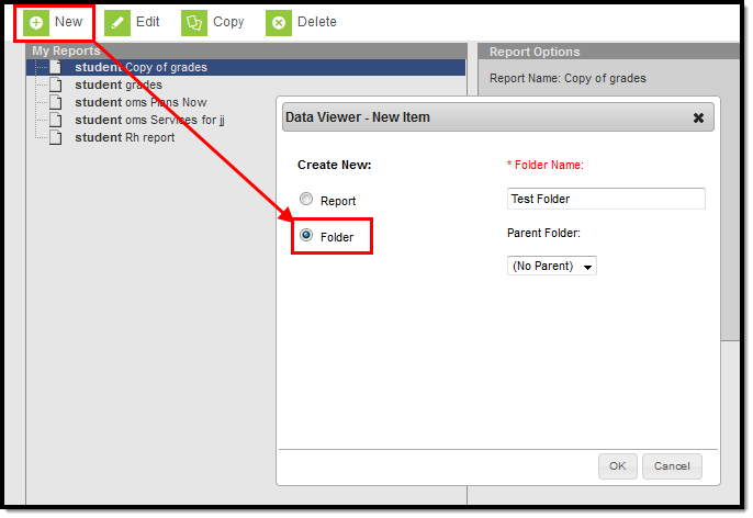 screenshot of the New button being selected and the user selecting the folder radio button