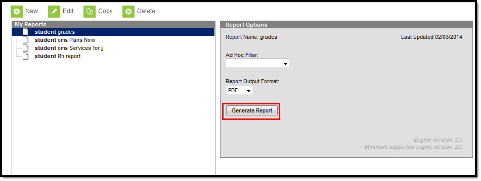 screenshot of the generate report button highlighted