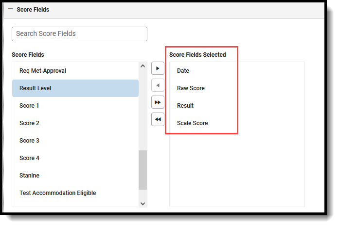 Screenshot of the selected score fields for the California Spanish Assessment