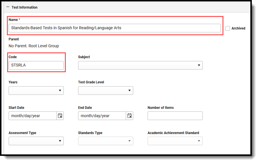 Screenshot of the Name and Code fields for the Standards-Based Tests in Spanish for Reading and Language Arts