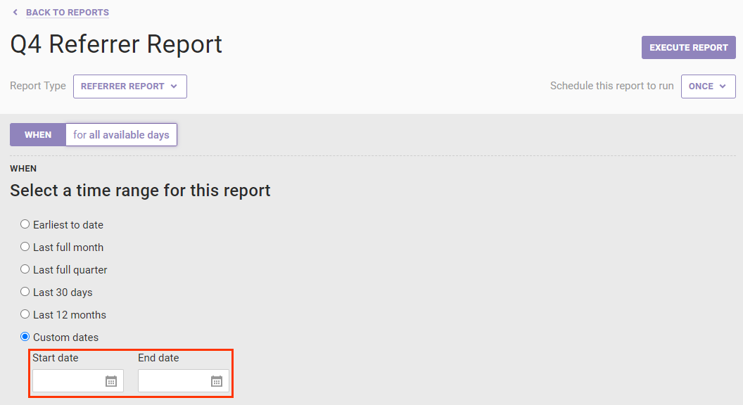 Callout of the 'Start date' and 'End date' fields that appear below the selected 'Custom dates' option of the WHEN settings for a Referrer Report on the Create Report page