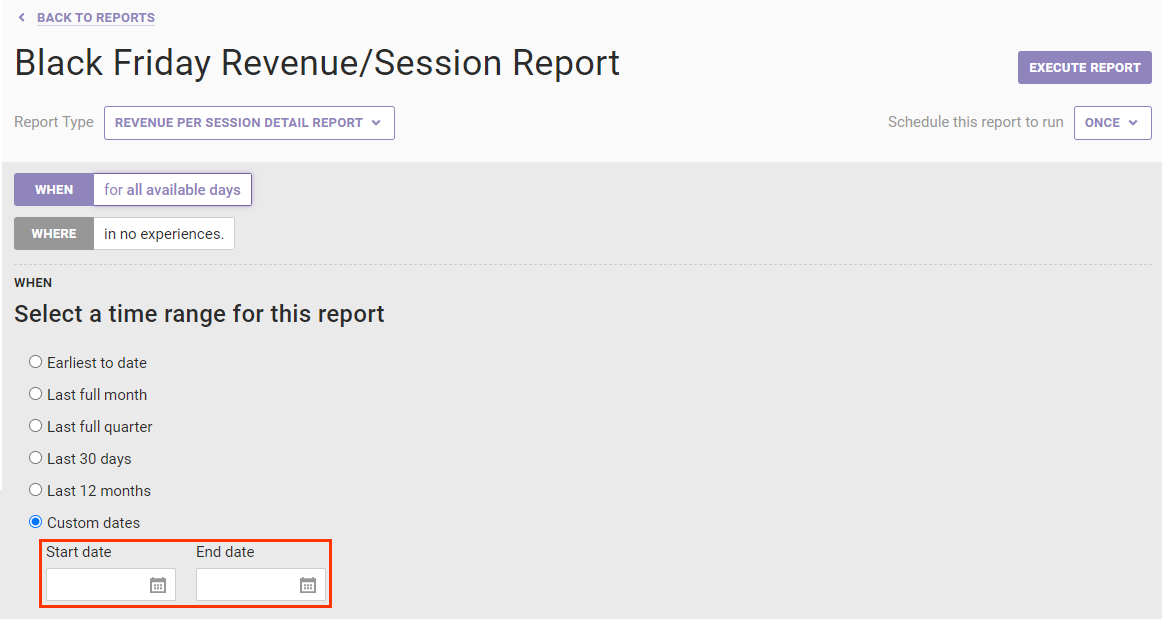 Callout of the 'Start date' and 'End date' fields that appear below the selected 'Custom dates' option of the WHEN settings for a Revenue per Session Detail Report on the Create Report page