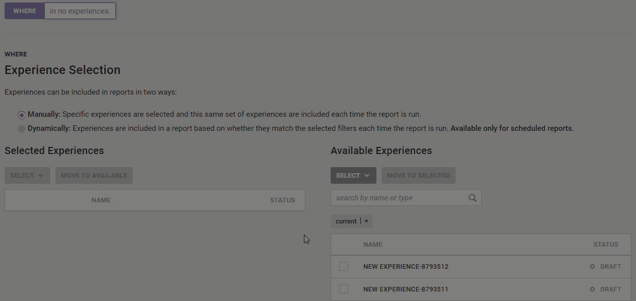 Animated demonstration of a user selecting an experience from the 'Available Experiences' table and then clicking the 'MOVE TO SELECTED' button. The selected experience then appears in the 'Selected Experiences' table.