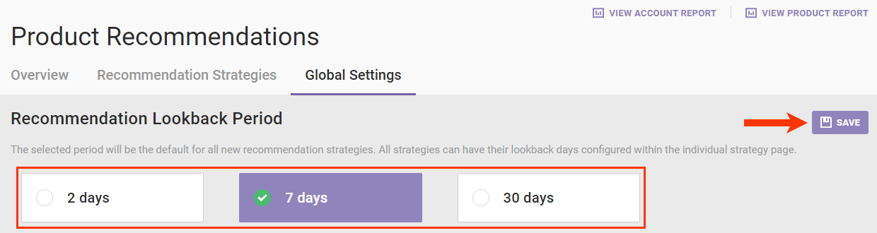 Callout of the default lookback period options and of the SAVE button on the Global Settings tab