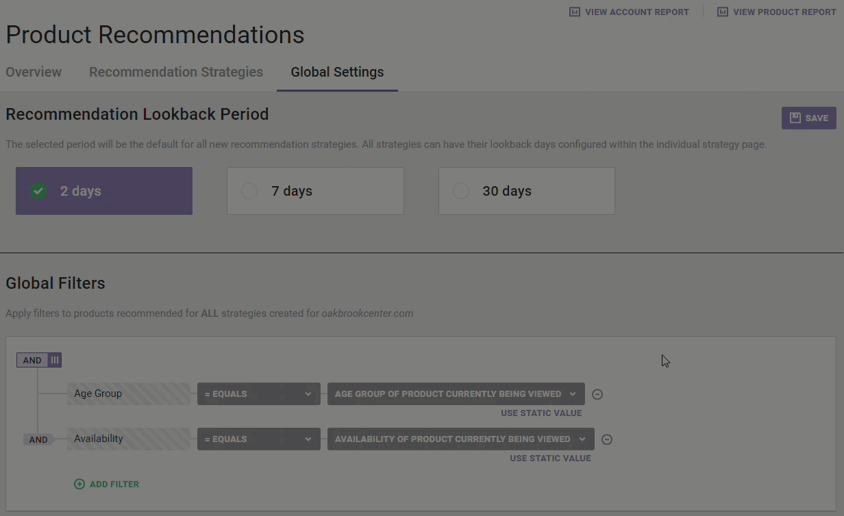 Animated demonstration of a user clicking the SAVE button and then clicking OK to acknowledge the warning that global filters apply to all recommendations