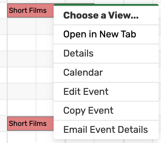 Right-click menu options in edit mode: Open in new tab, details, calendar, edit event, copy event, email event details.