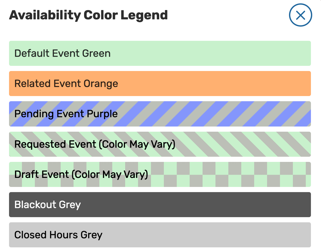Availability color legend view: Default event green, related event orange, pending event purple, requested event (color may vary), draft event (color may vary), blackout grey, closed hours grey