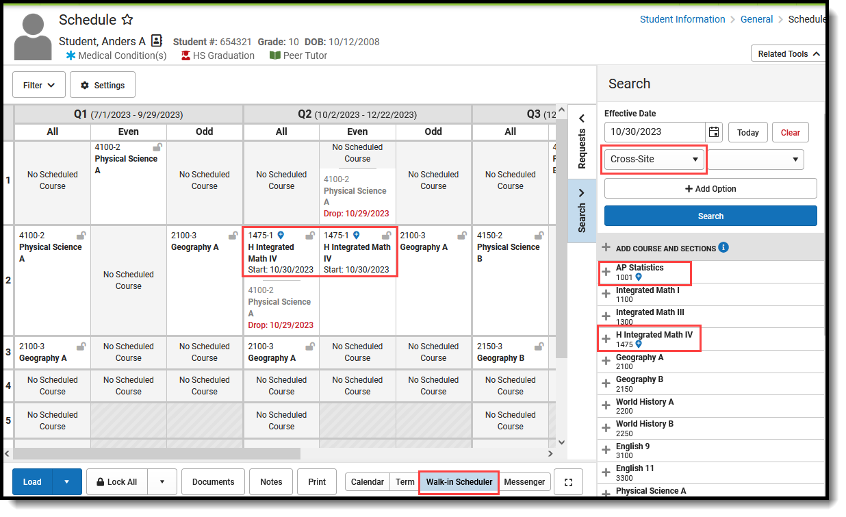 Screenshot of the Walk-In Scheduler showing the Cross-Site search tools and courses