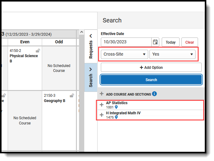 Screenshot of the Walk-In Scheduler Search Panel set to return Cross-Site courses only. 