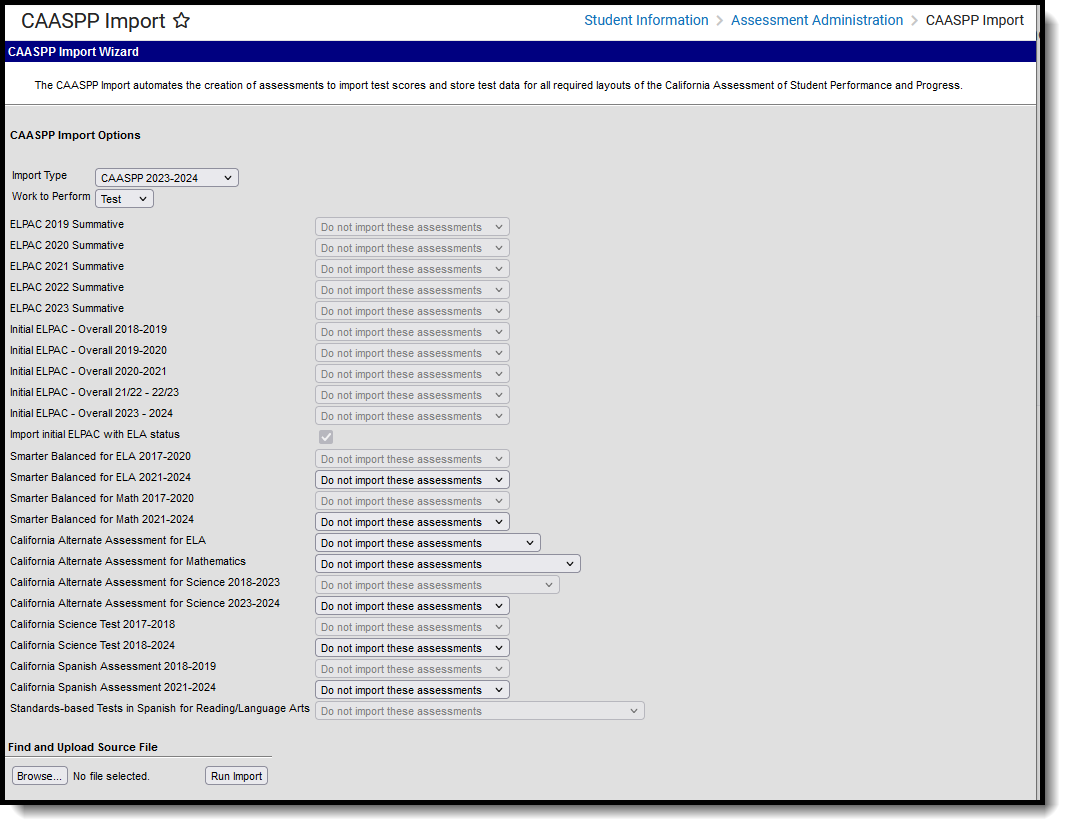 Screenshot of the CAASPP Import tool, located at Student Information, Assessment Administration.