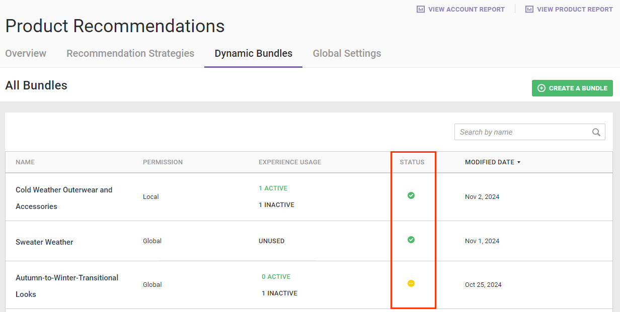 Callout of the STATUS column of the table on the Dynamic Bundles list page. Two bundles each have a green dot with a white checkmark in the STATUS column. One bundle has a yellow icon with a white negative symbol in the STATUS column.