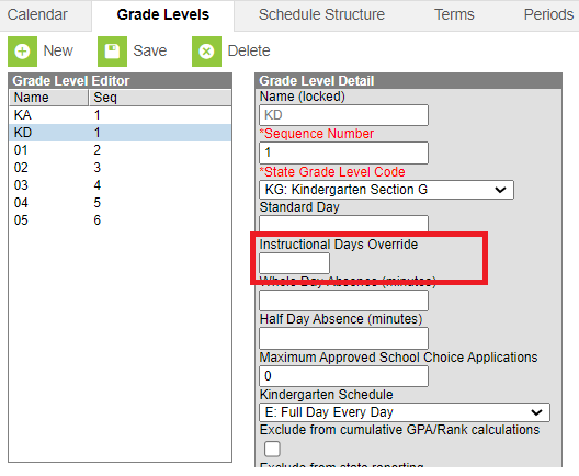 Screenshot of Grade Levels with Instructional Day Override field highlighted.