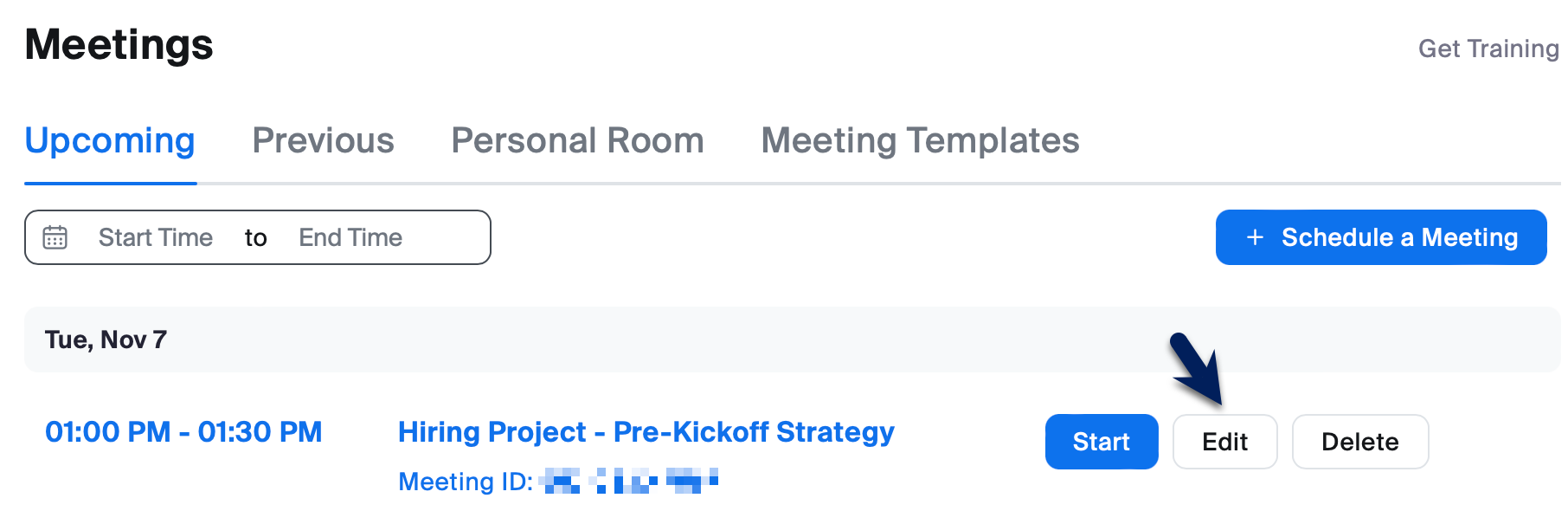 A list of upcoming Zoom meetings in the Zoom web interface with an arrow pointing to the Edit button.