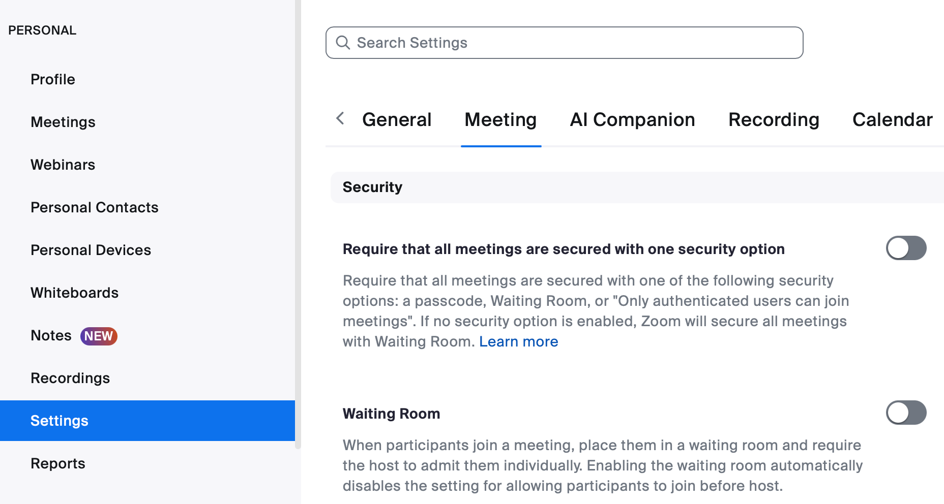 Zoom meeting settings in the web interface showing meeting room options
