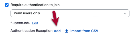 The Authentication section of the Zoom security options with an arrow pointing to the "Add" link next to "Authentication Exception."