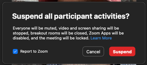 The Suspend all participant activities confirmation window allows you to "Report to Zoom," "Cancel," and "Suspend."
