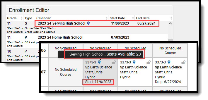 Screenshot of the student's schedule with a Cross-Site Course at the Serving School