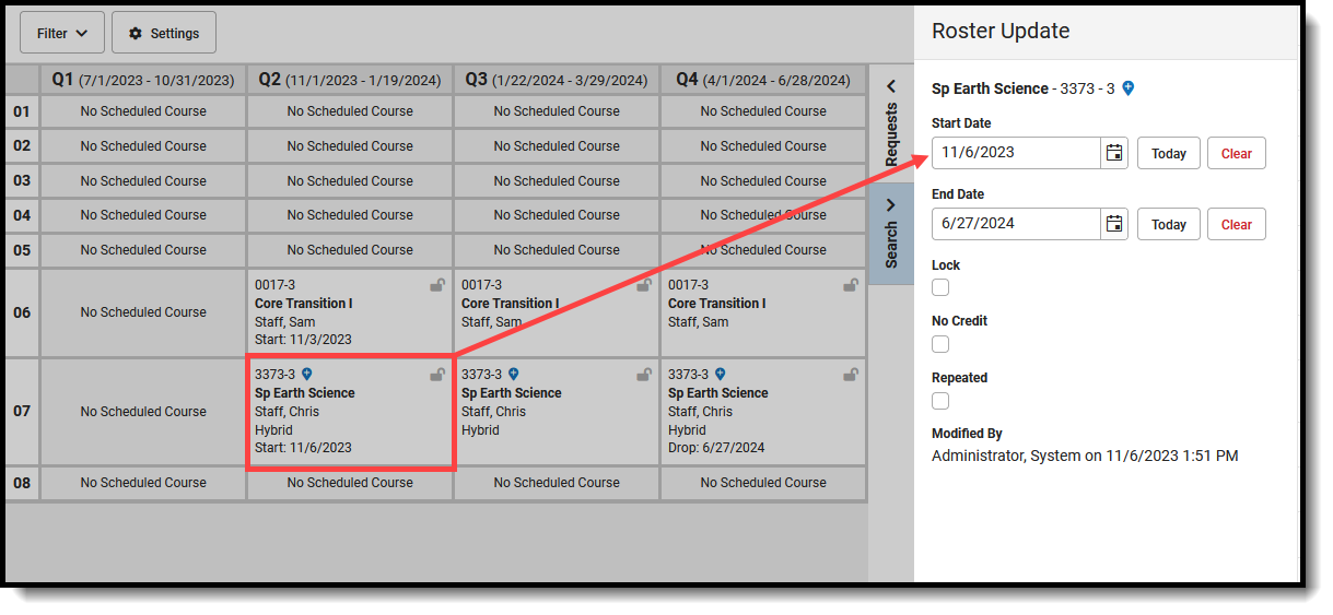 Screenshot of the Roster Update panel for a Cross-Site Section starting AFTER the term start date. 