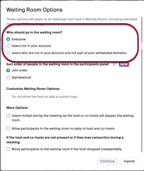 Zoom Waiting Room Options with the "Who should go in the waiting room?" section circled in red.