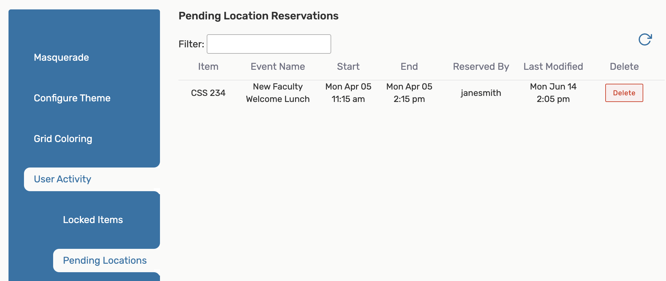 Pending location reservations under User Activity in the System Settings