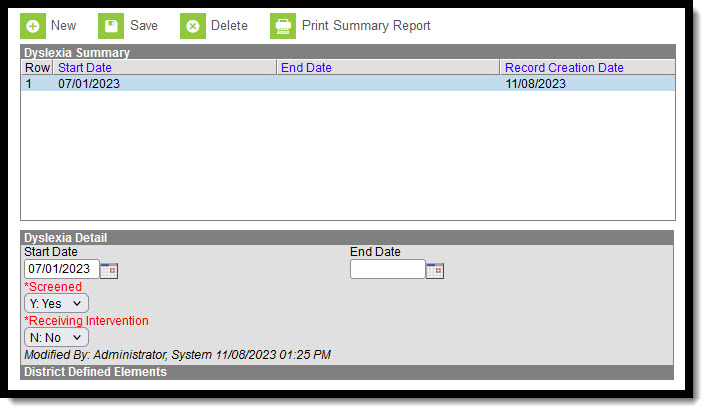 Image showing dyslexia summary and dyslexia detail editor for a student