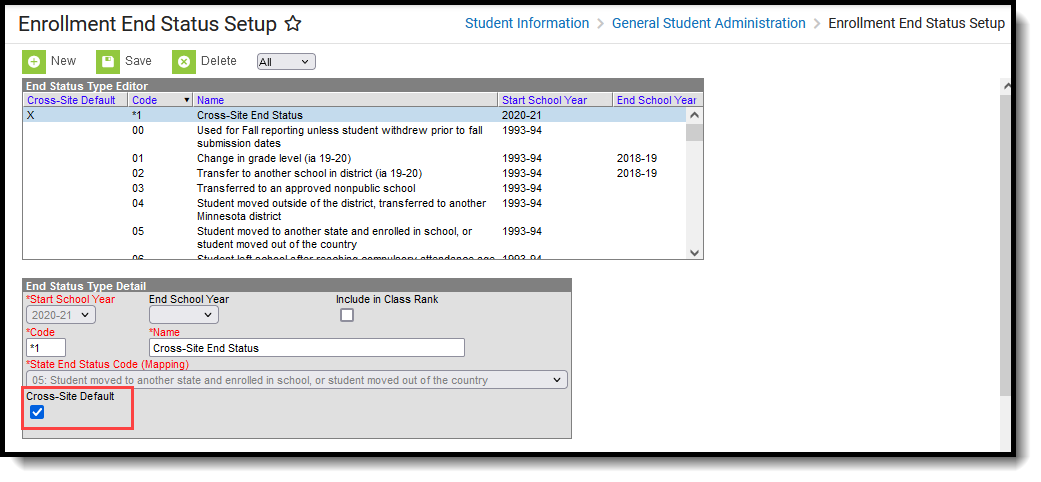 Screenshot of the Cross-Site Default checkbox on the Enrollment End Status Setup