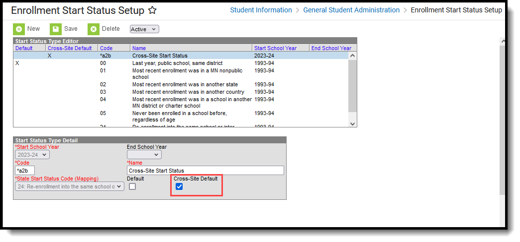 Screenshot of the Cross-Site Default Checkbox Marked on Enrollment Start Status Setup
